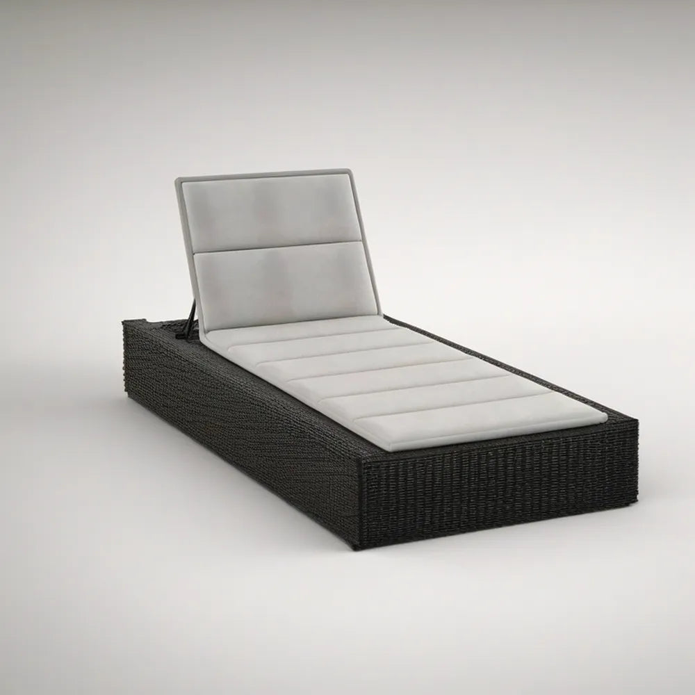 Polohovací zahradní lehátko z černého PE ratanu se světle šedou poduškou, 200 × 70 × 30 cm