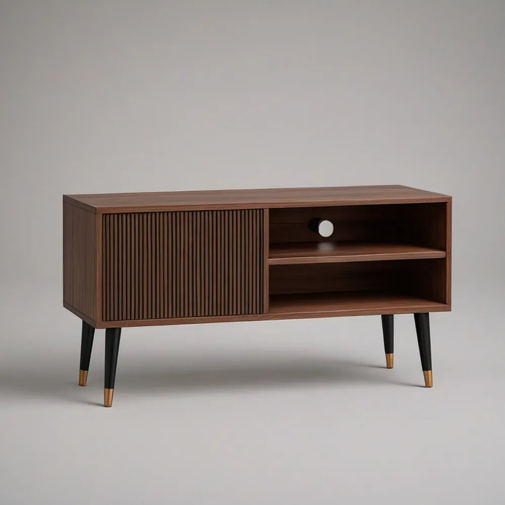 TV stolek 120 × 40 × 65 cm z MDF v dekoru ořechu s posuvnými dvířky