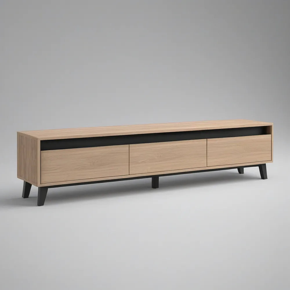 TV stolek 180 × 40 × 50 cm se 3 dvířky a otevřenou policí, přírodní dub a černá
