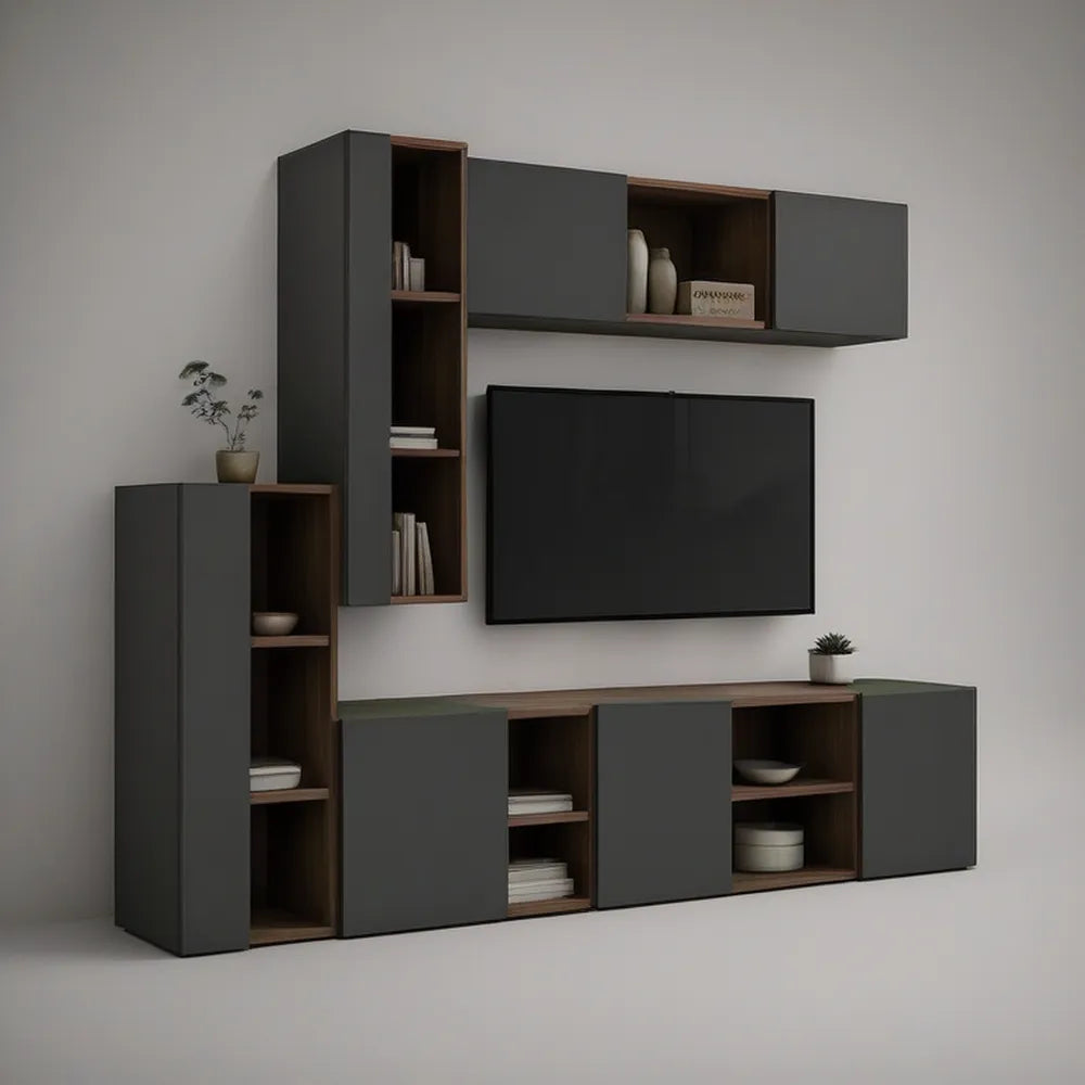 TV stěna s úložnými moduly 240 × 40 × 200 cm, antracitová/ořechová