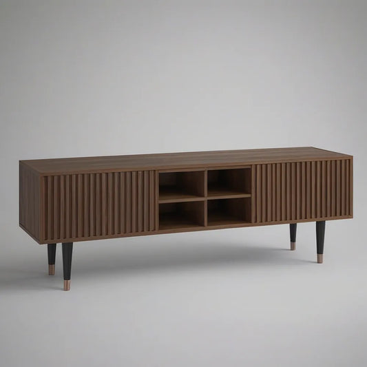 Televizní stolek z MDF v dekoru ořechu s posuvnými dvířky, 180 × 40 × 55 cm, hnědý/černý