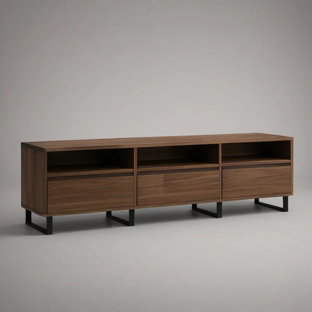 TV stolek se 3 výklopnými dvířky a otevřenými přihrádkami, ořechová/černá, 180 × 40 × 55 cm