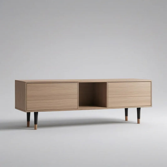 TV stolek z MDF s dubovou dýhou, 2 zásuvkami a otevřenou policí, přírodní dubová/černá, 140 × 40 × 50 cm