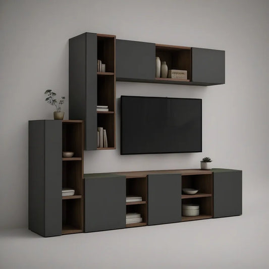 TV stěna s úložnými moduly 240 × 40 × 200 cm, antracitová/ořechová
