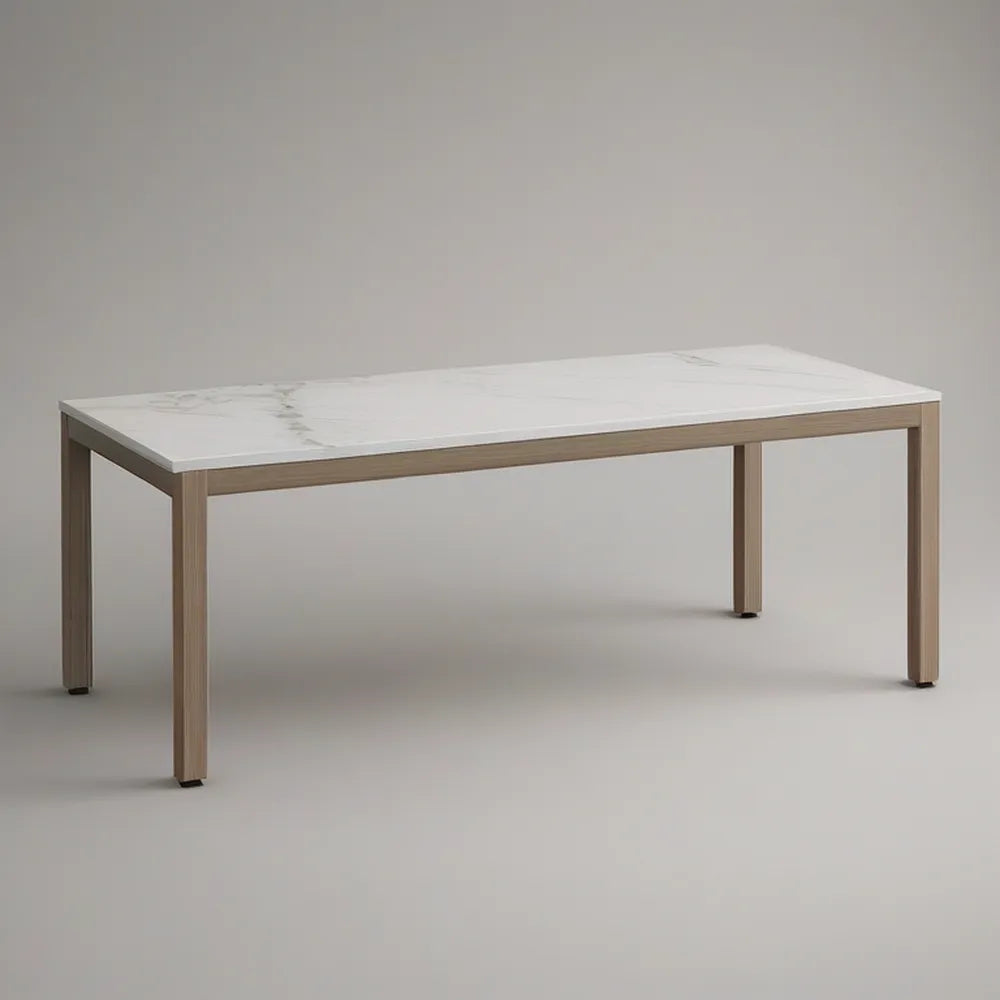 Zahradní jídelní stůl 160 × 90 × 75 cm s bílou slinutou keramickou deskou a světle hnědou konstrukcí