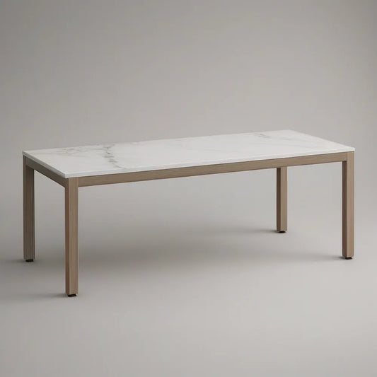 Zahradní jídelní stůl 160 × 90 × 75 cm s bílou slinutou keramickou deskou a světle hnědou konstrukcí